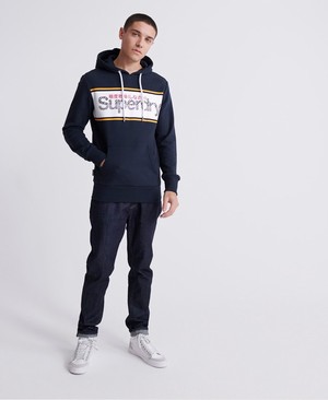 Superdry Core Logo Stripe Loopback Férfi Kapucnis Pulóver Sötétkék | GYLMX4719